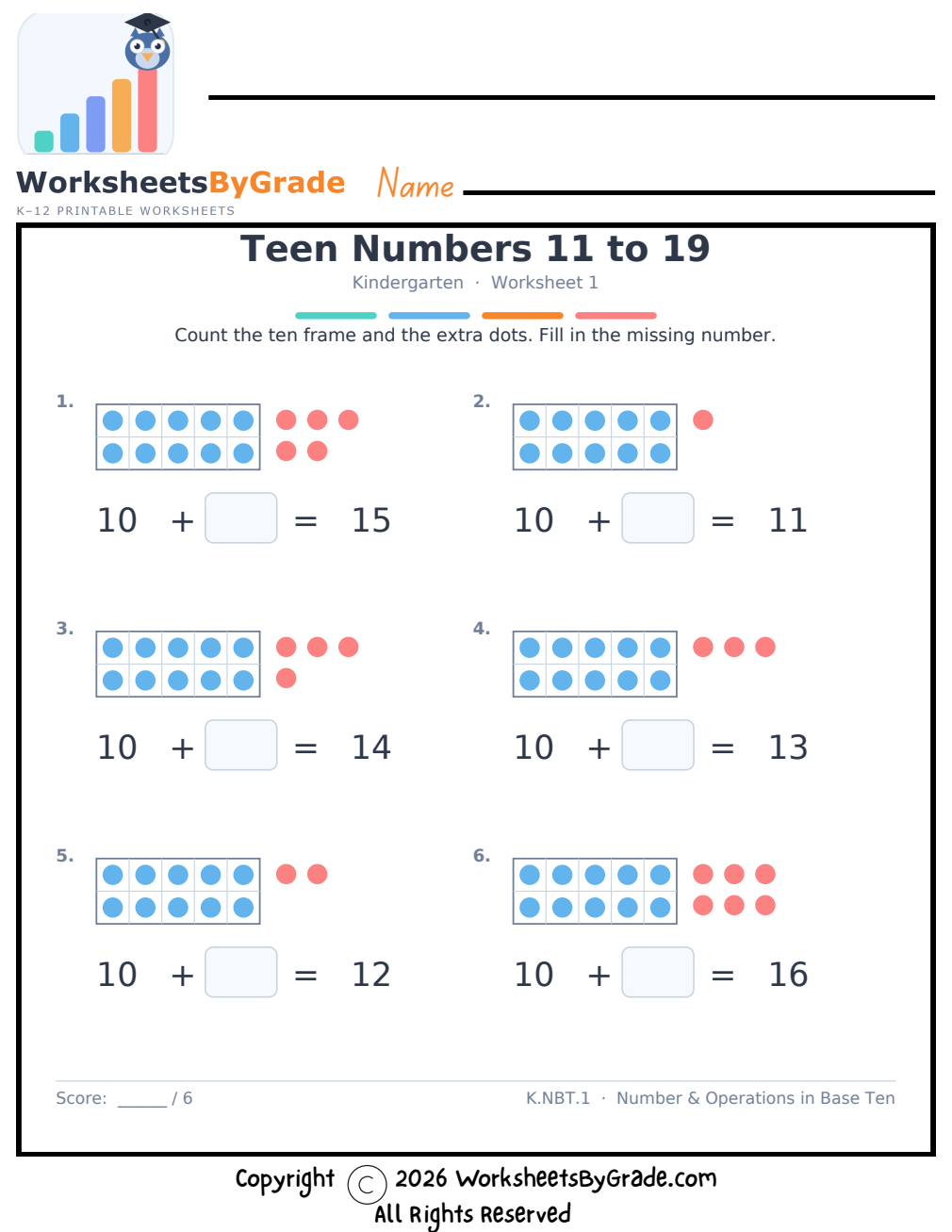 Teen Numbers 11 to 19 — Kindergarten Worksheet 1 preview