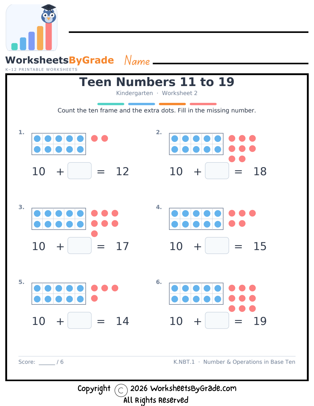Teen Numbers 11 to 19 — Kindergarten Worksheet 2 preview