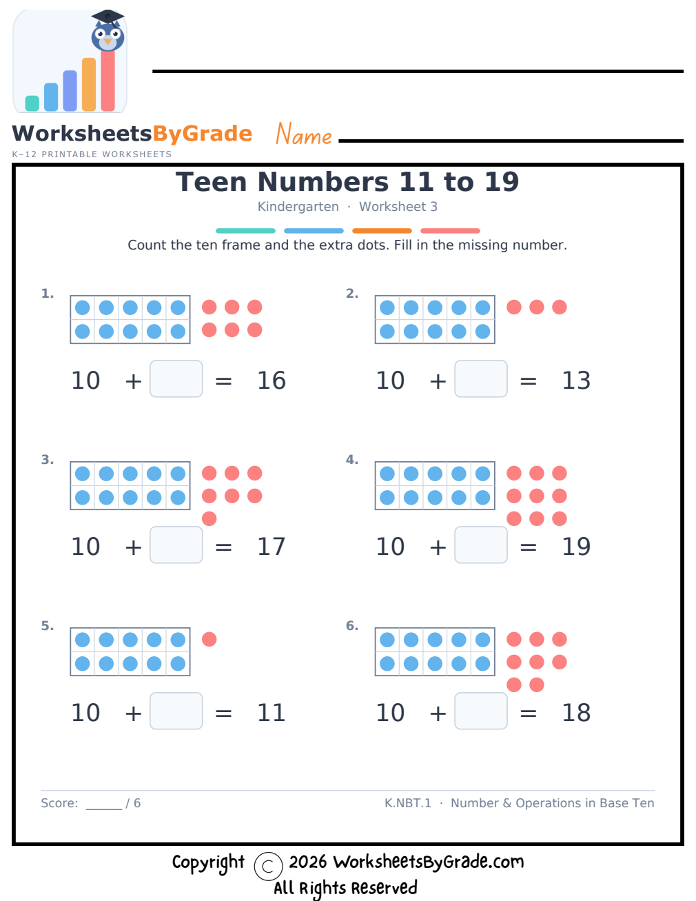Teen Numbers 11 to 19 — Kindergarten Worksheet 3 preview