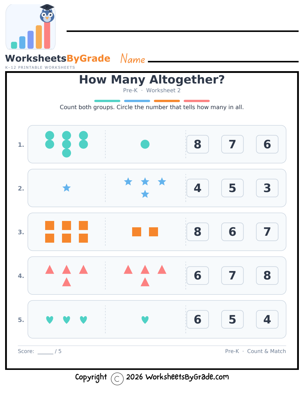 How Many Altogether? — Pre-K Worksheet 2 preview