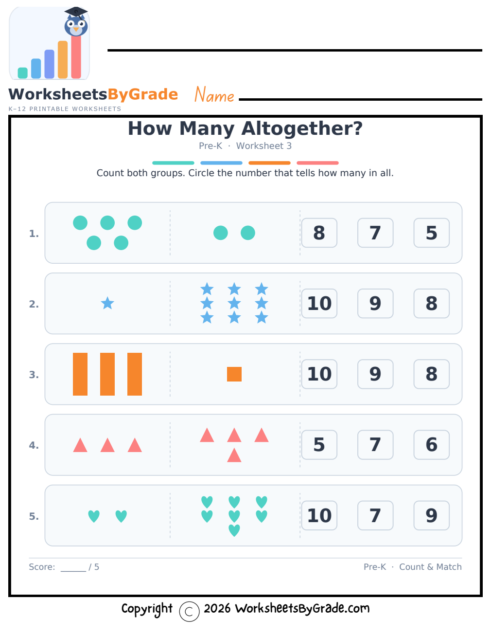How Many Altogether? — Pre-K Worksheet 3 preview
