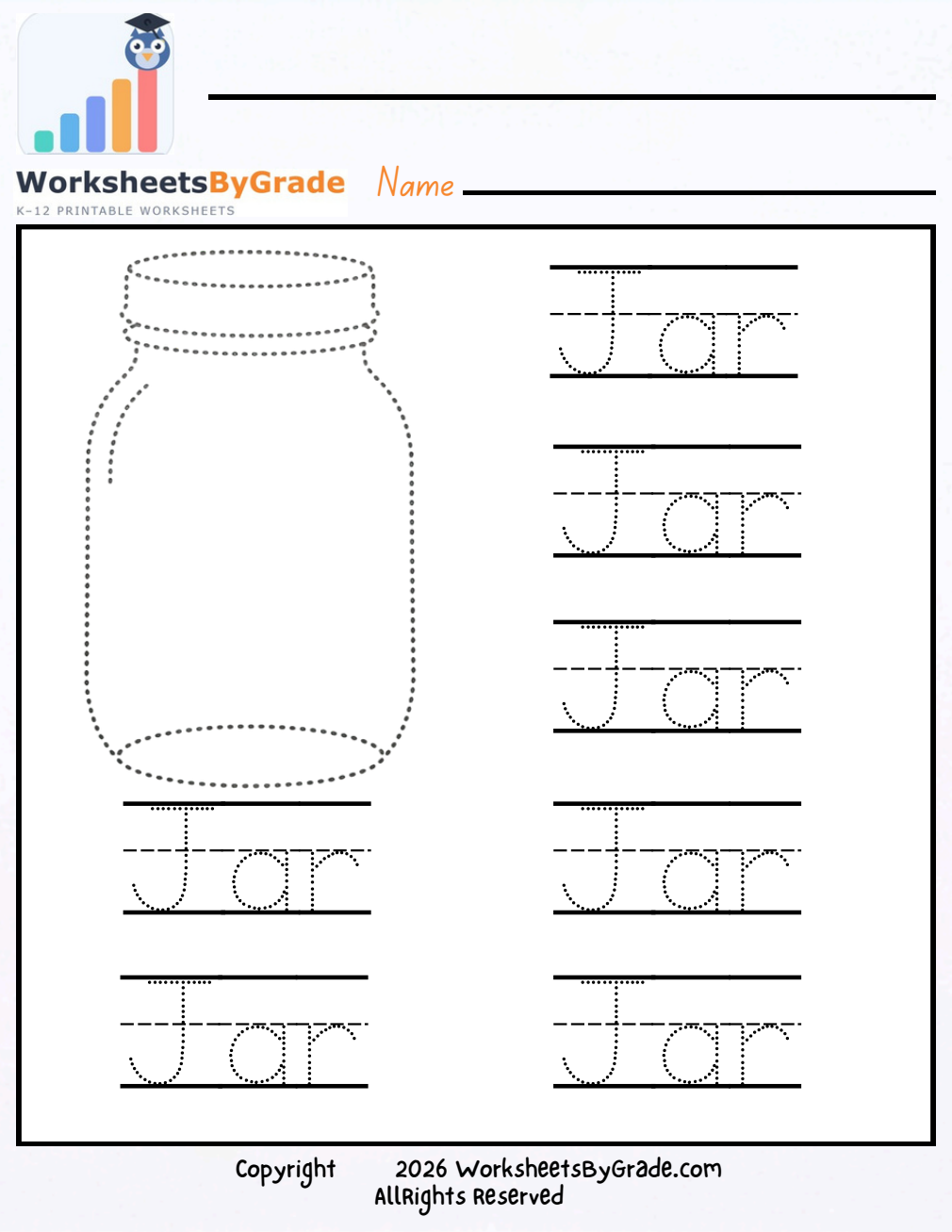 Letter Tracing: Jar — Pre-K Worksheet 1 preview