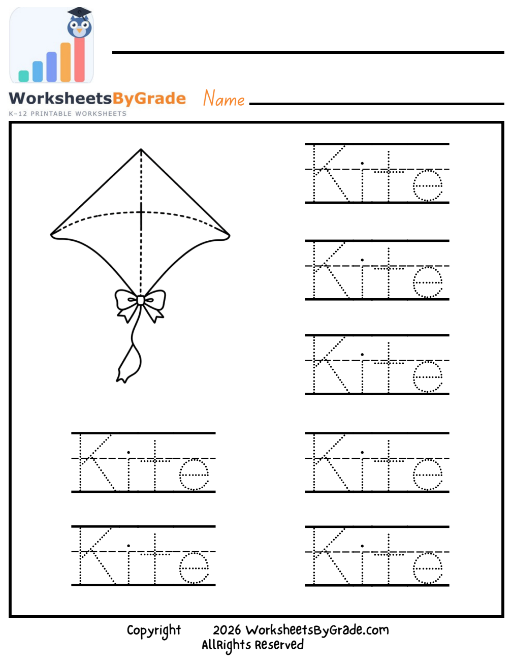 Letter Tracing: Kite — Pre-K Worksheet 1 preview