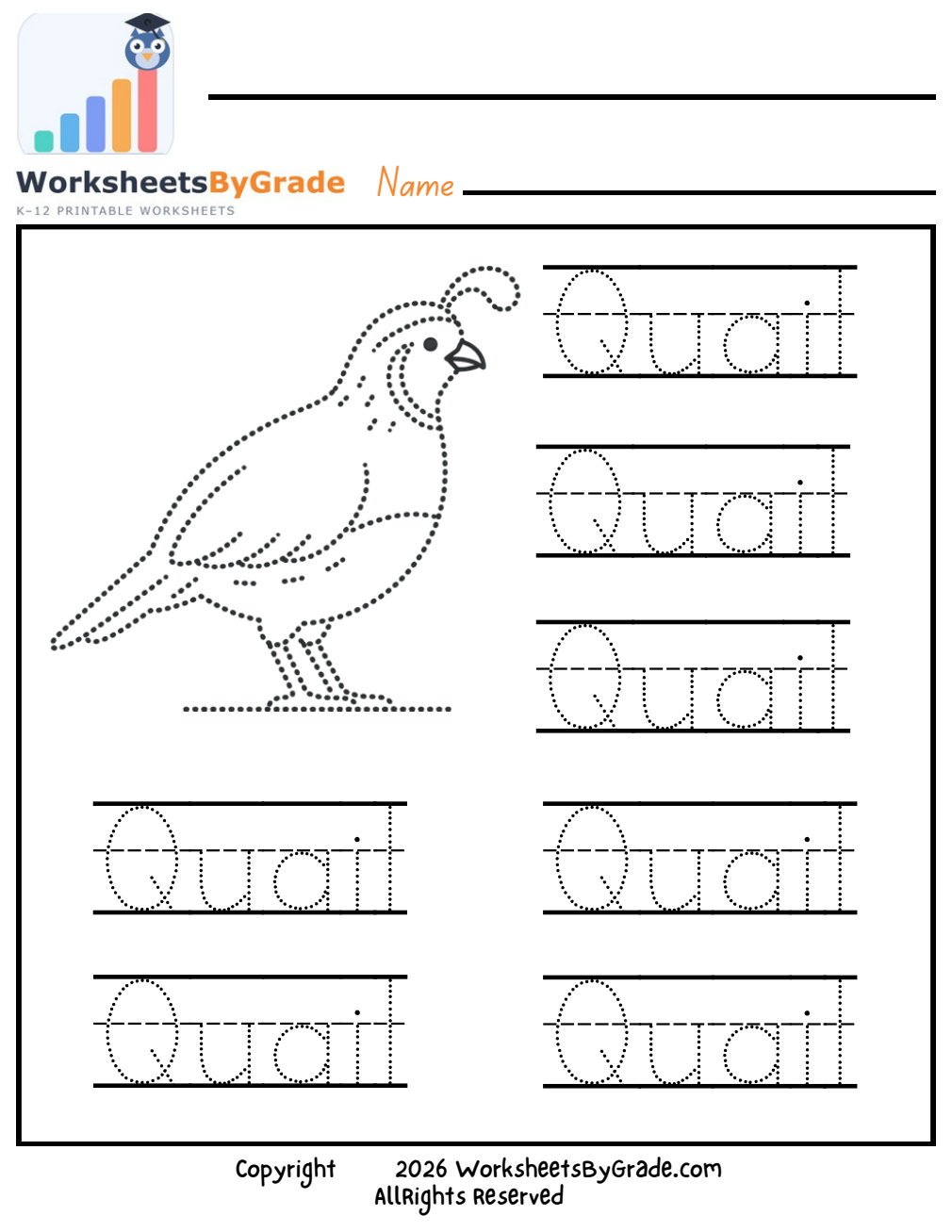 Letter Tracing: Quail — Pre-K Worksheet 1 preview