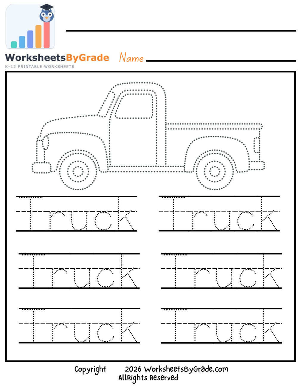 Letter Tracing: Truck — Pre-K Worksheet 1 preview
