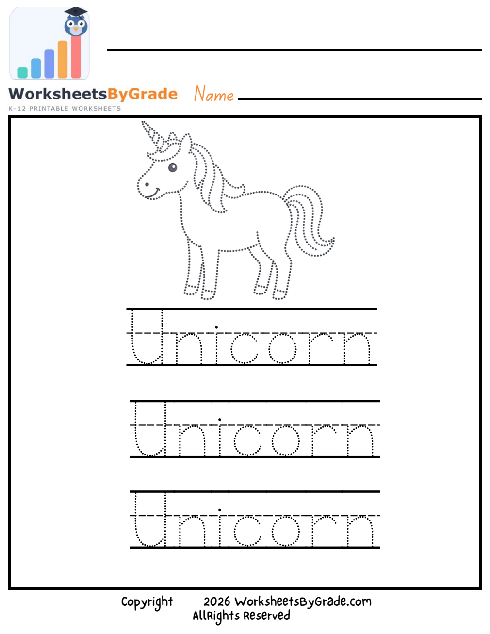 Letter Tracing: Unicorn — Pre-K Worksheet 1 preview