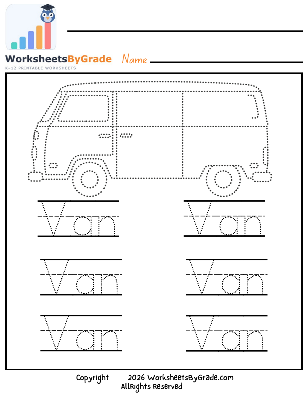 Letter Tracing: Van — Pre-K Worksheet 1 preview