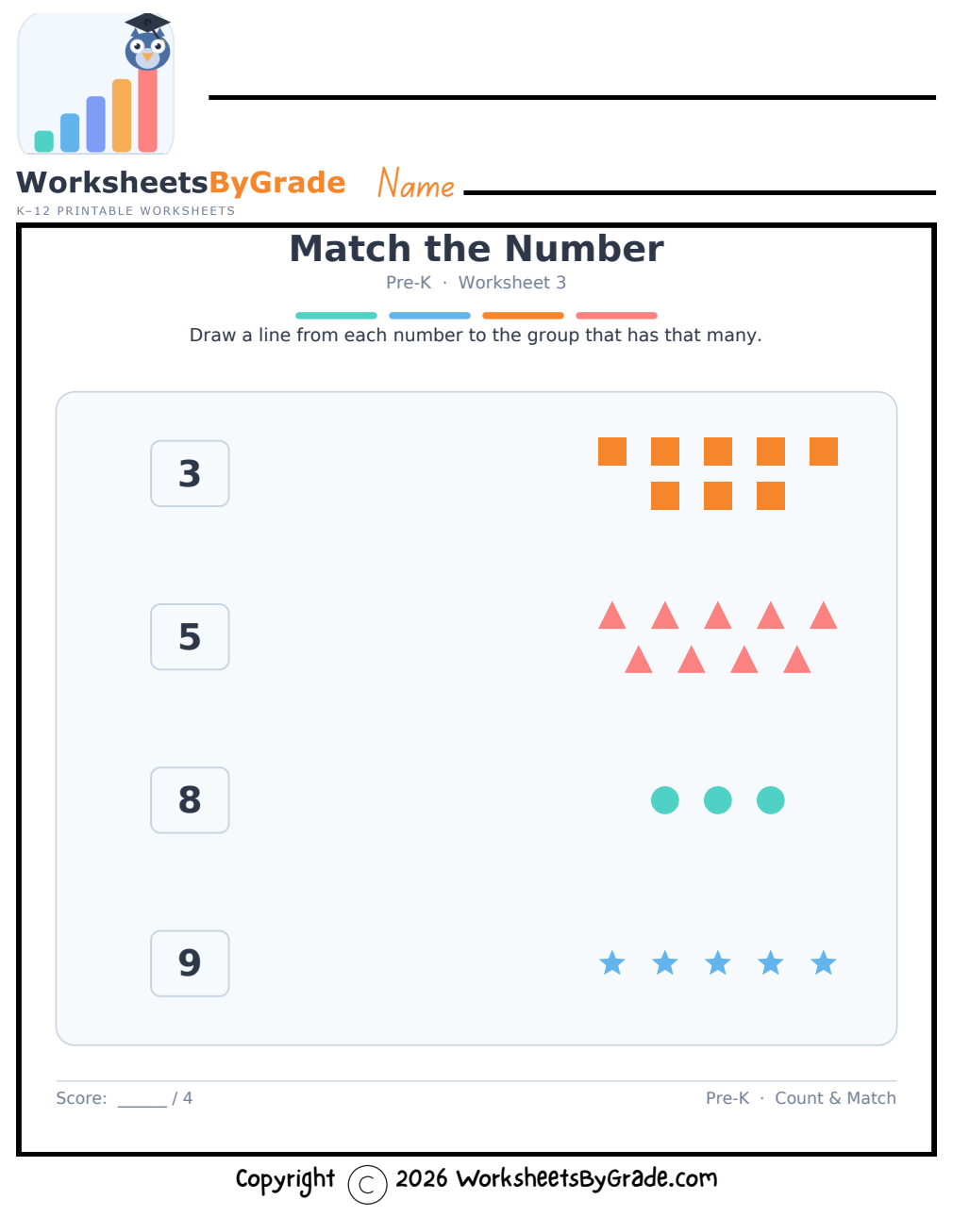 Match the Number — Pre-K Worksheet 3 preview