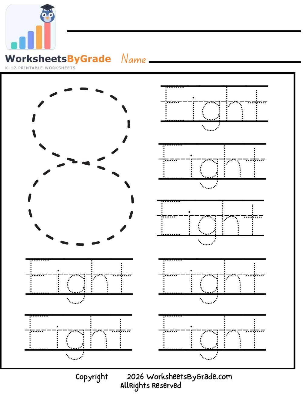 Number Tracing: Eight — Pre-K Worksheet 1 preview