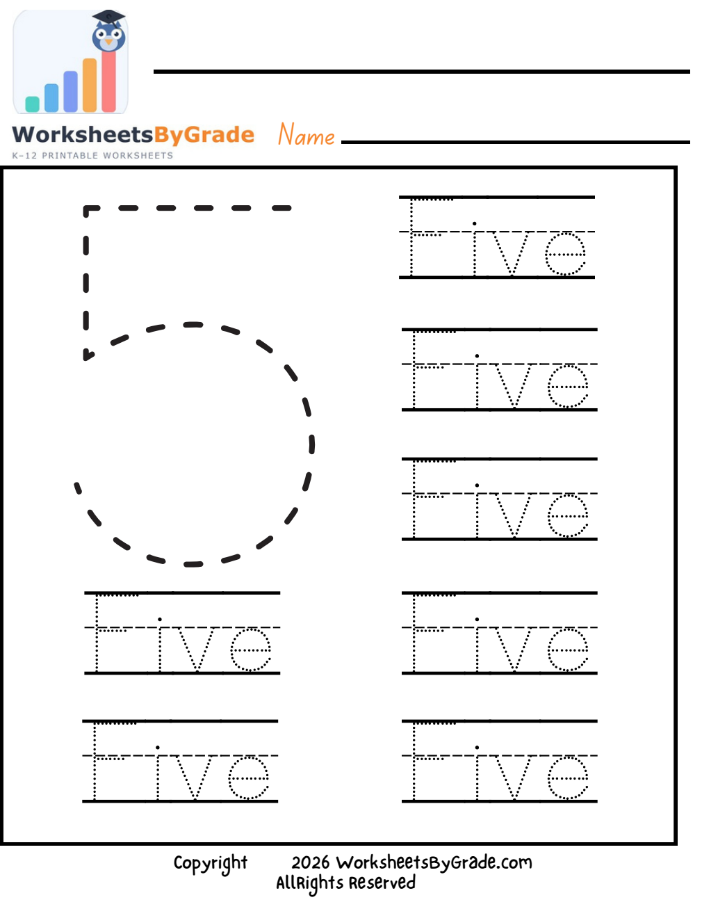 Number Tracing: Five — Pre-K Worksheet 1 preview