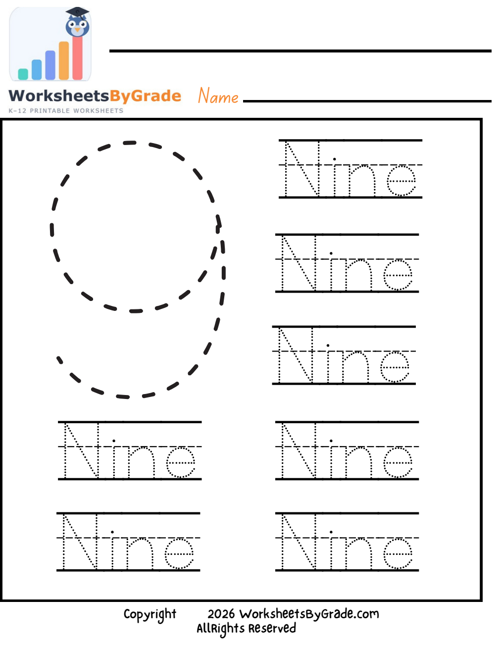 Number Tracing: Nine — Pre-K Worksheet 1 preview