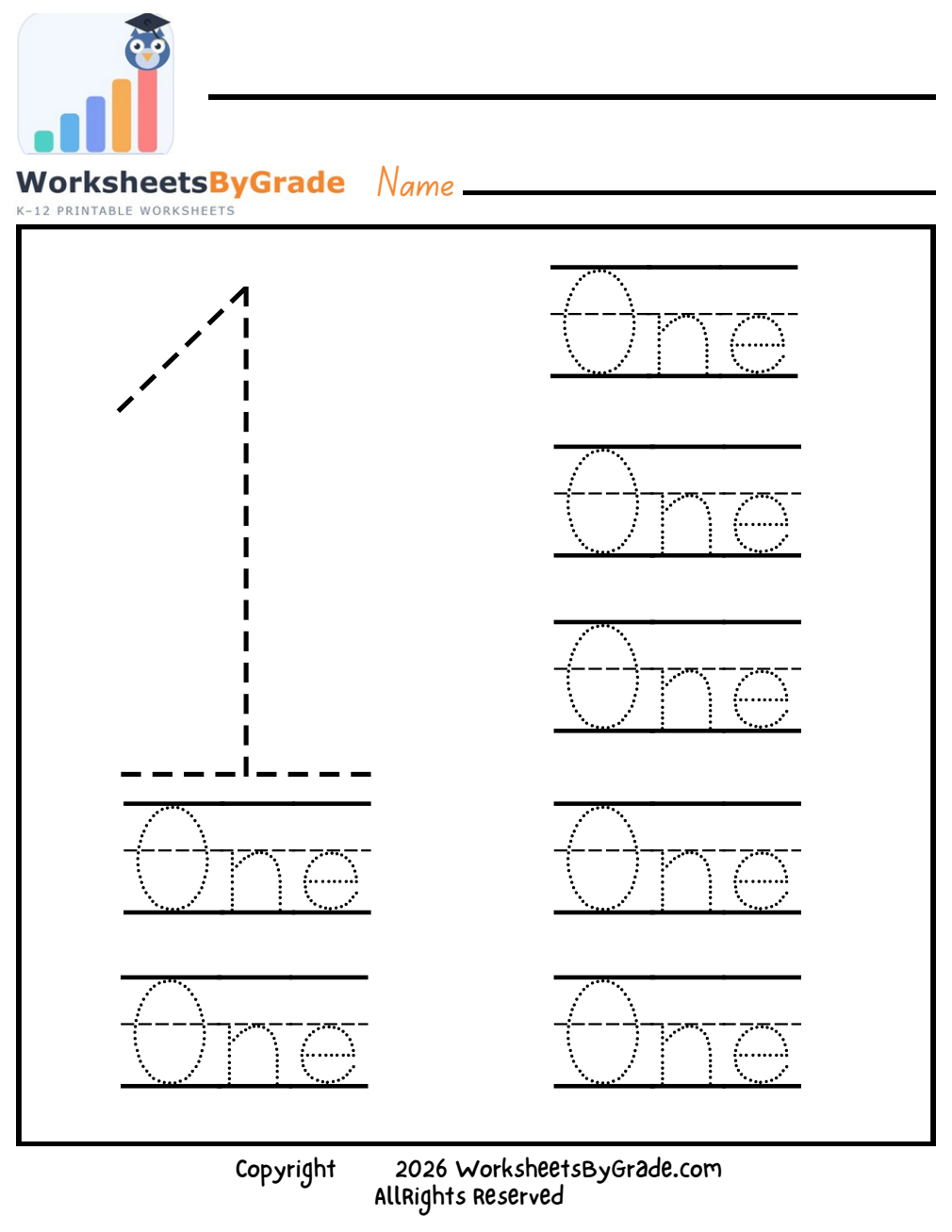 Number Tracing: One — Pre-K Worksheet 1 preview