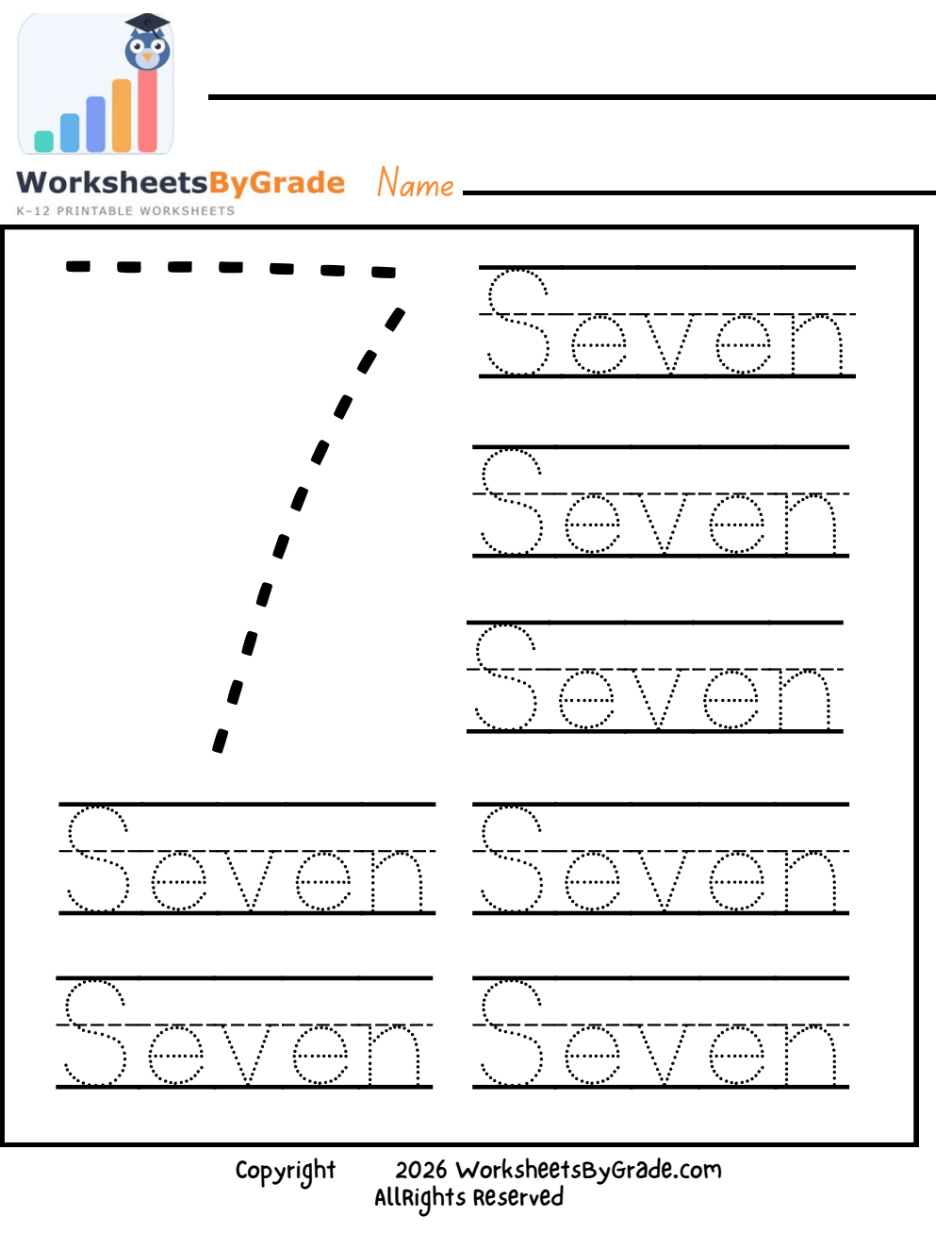 Number Tracing: Seven — Pre-K Worksheet 1 preview
