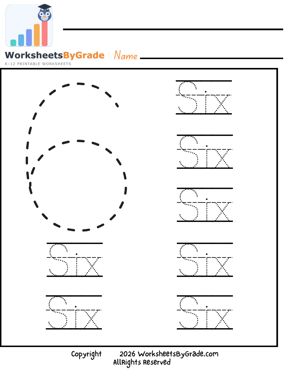 Number Tracing: Six — Pre-K Worksheet 1 preview