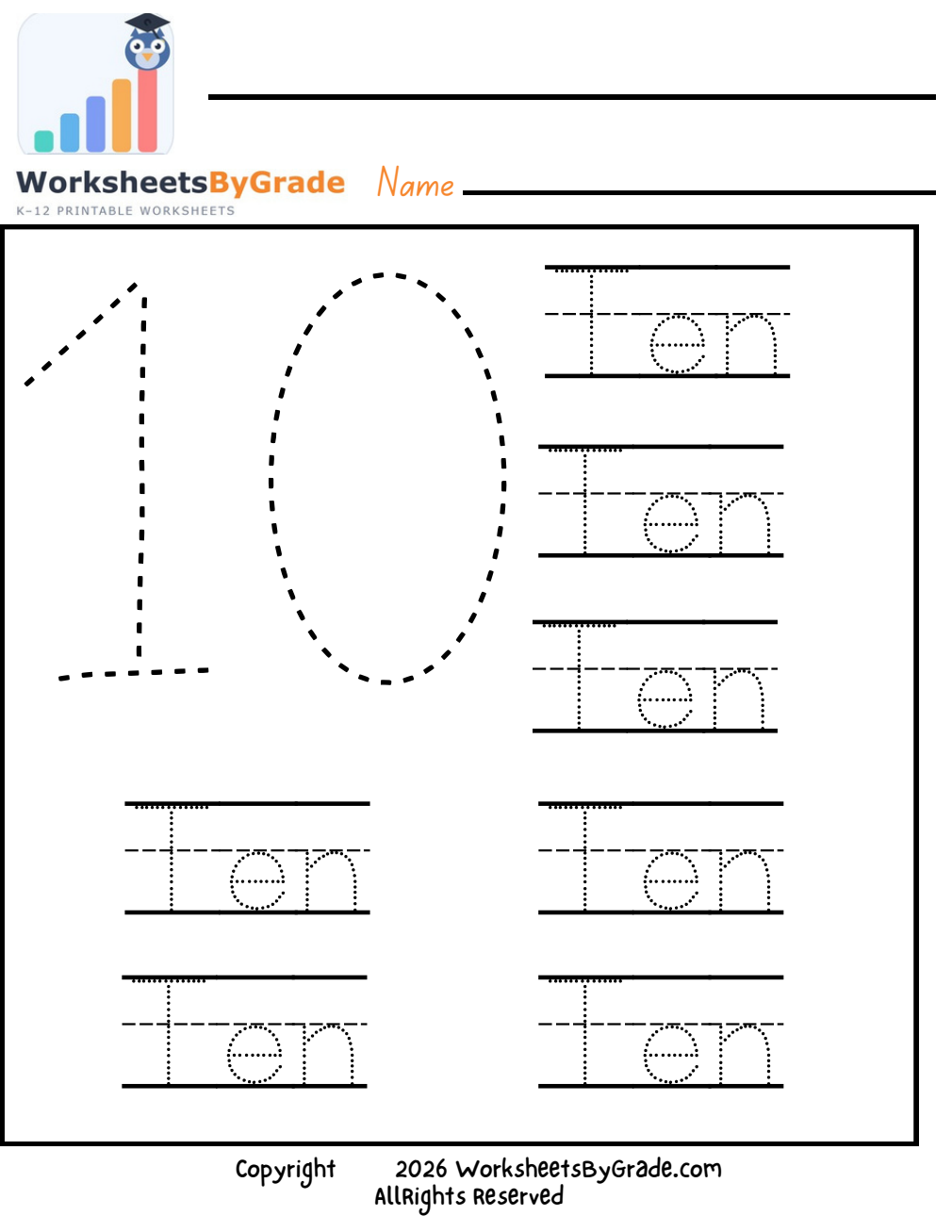 Number Tracing: Ten — Pre-K Worksheet 1 preview