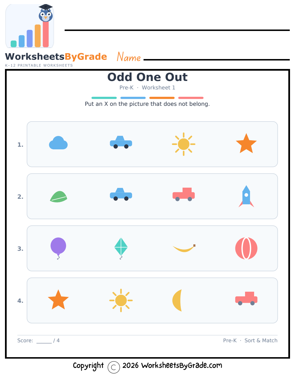 Odd One Out — Pre-K Worksheet 1 preview