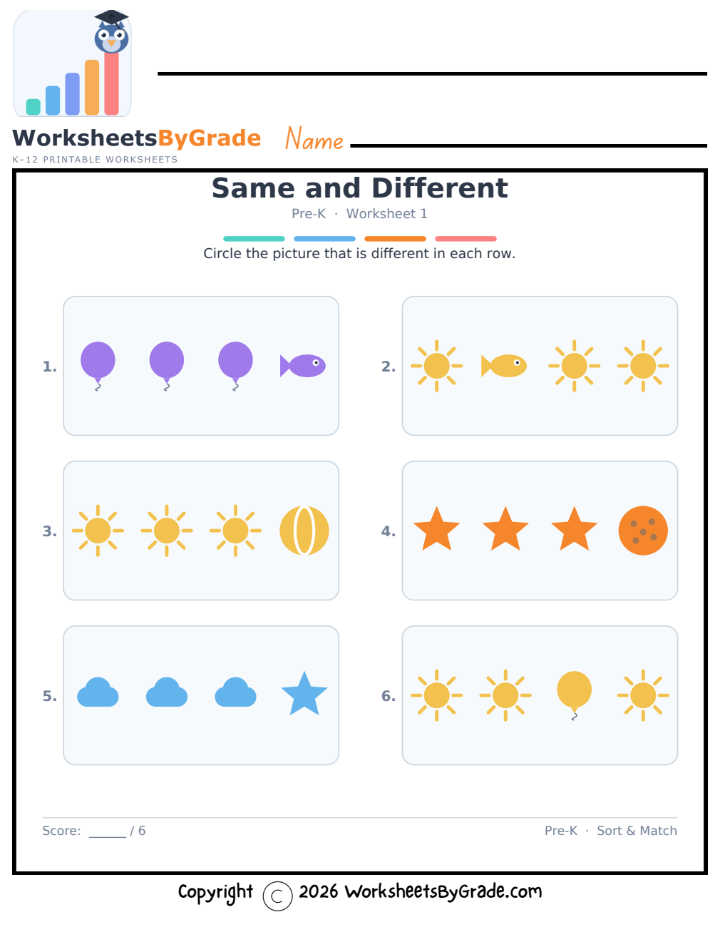 Same and Different — Pre-K Worksheet 1 preview
