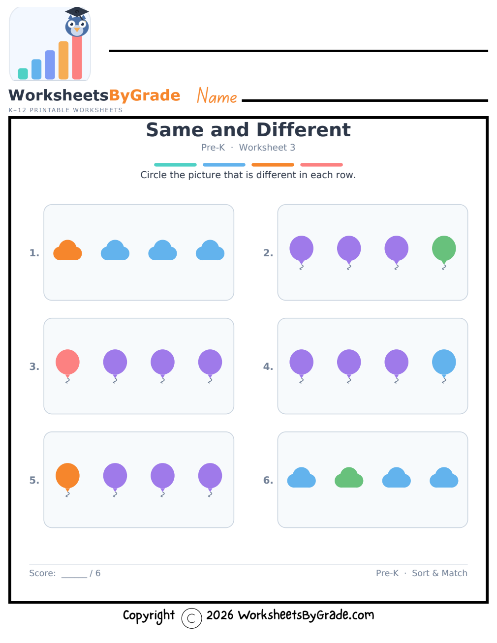 Same and Different — Pre-K Worksheet 3 preview