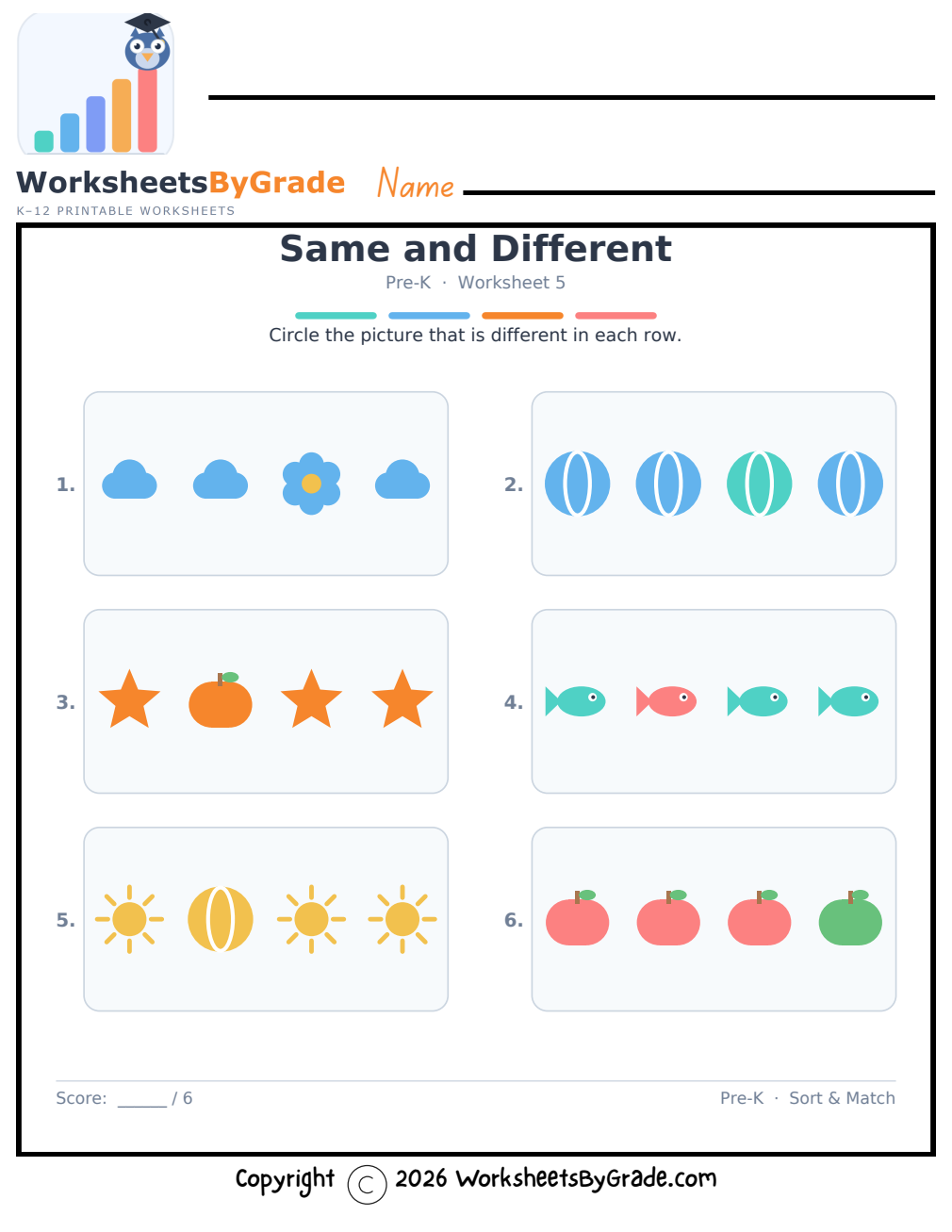 Same and Different — Pre-K Worksheet 5 preview