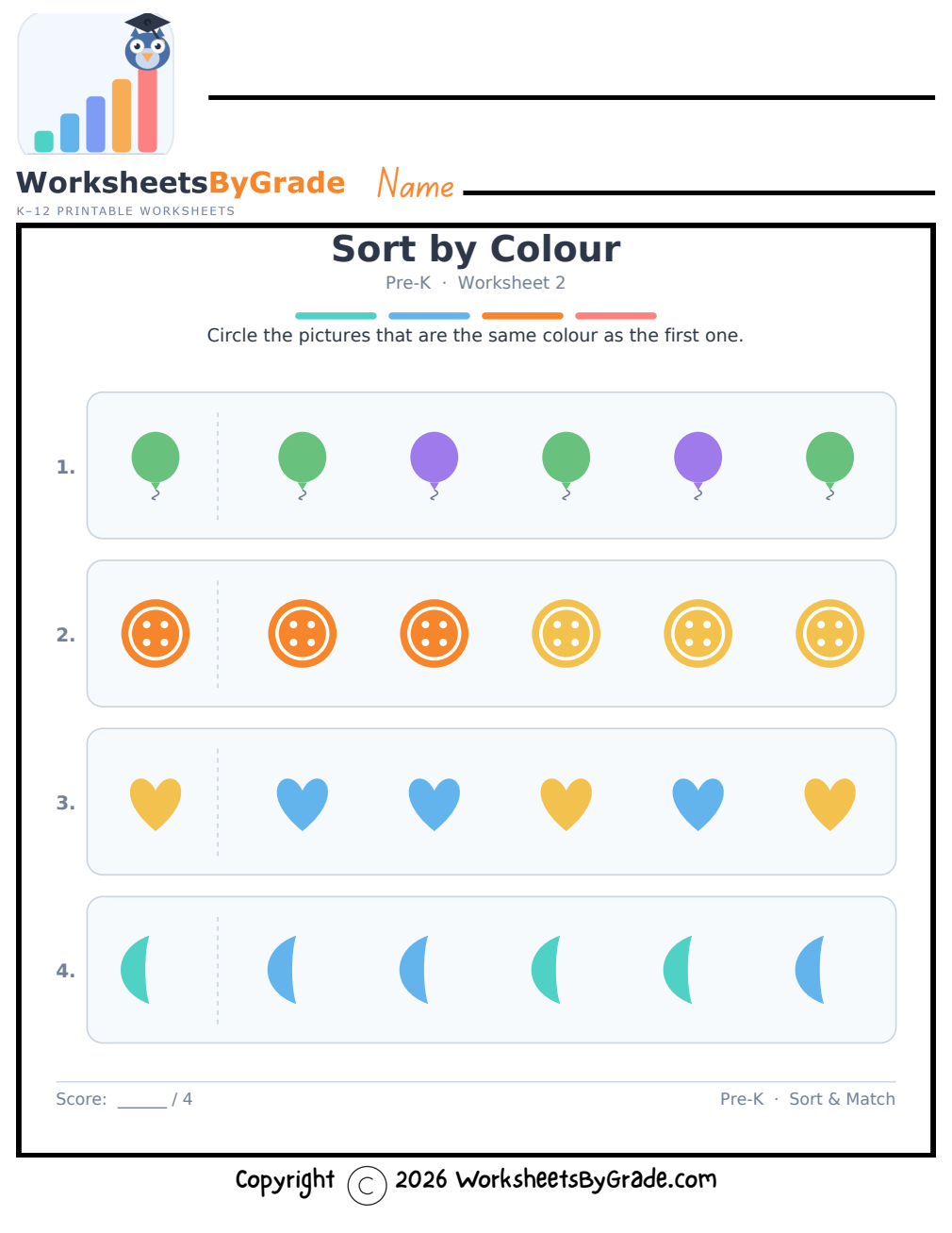 Sort by Colour — Pre-K Worksheet 2 preview