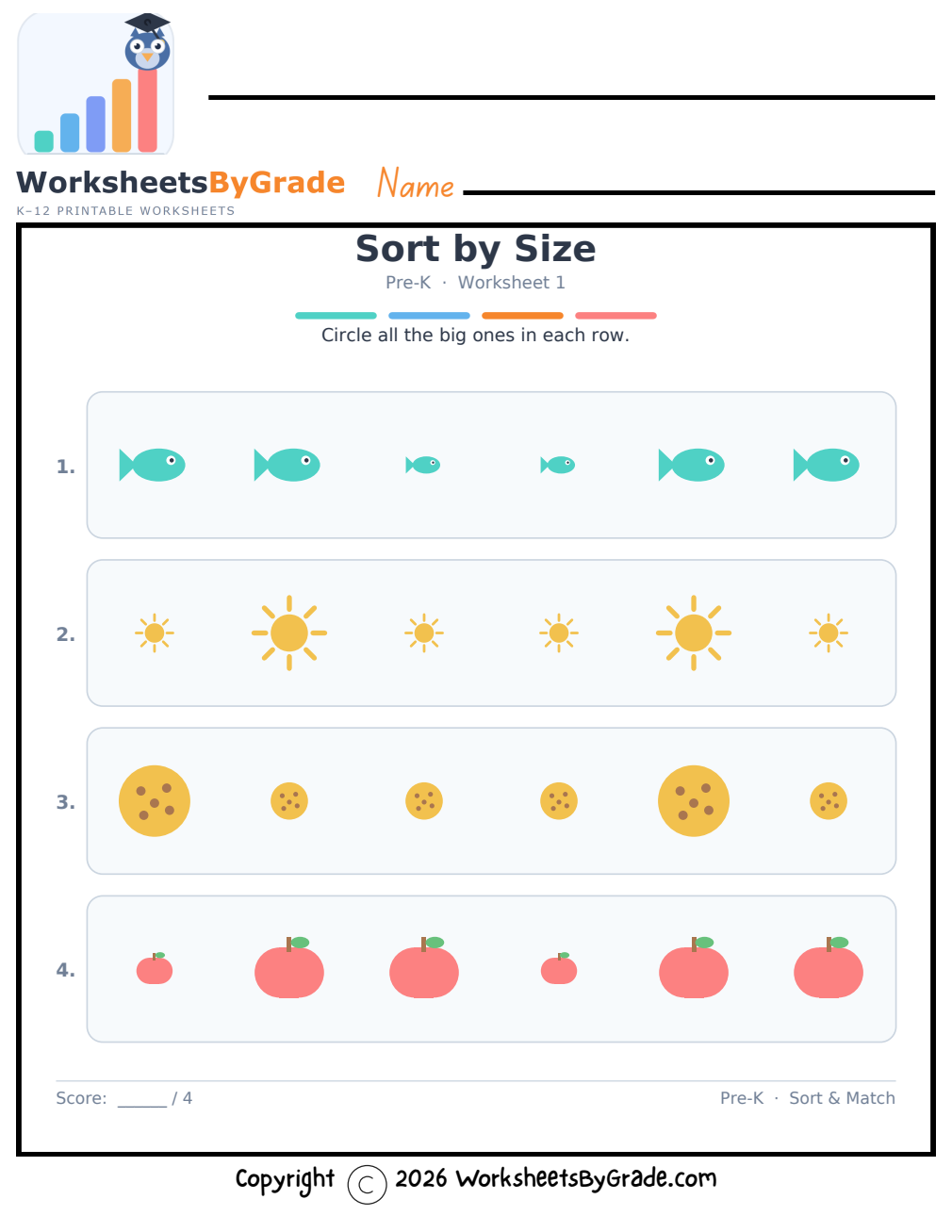 Sort by Size — Pre-K Worksheet 1 preview