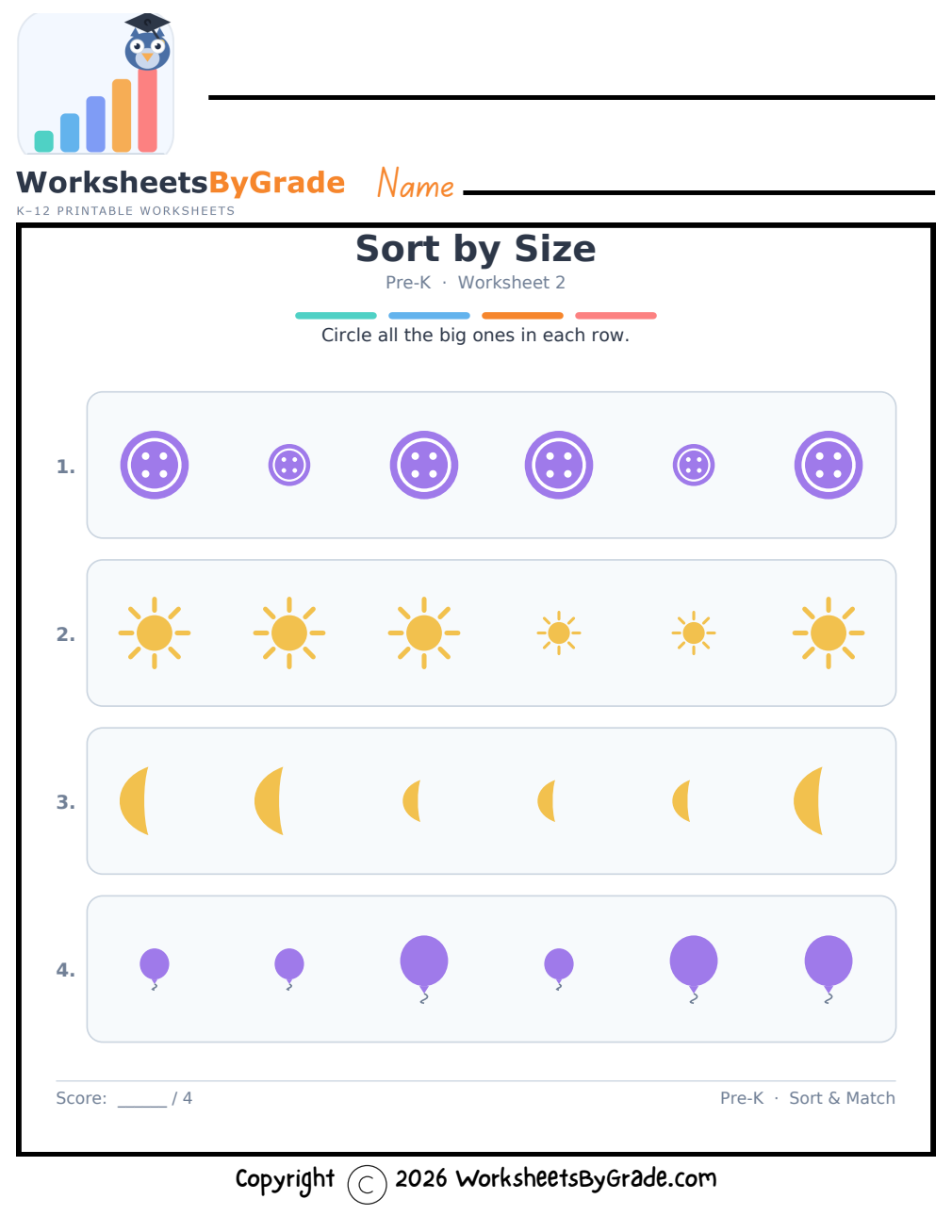 Sort by Size — Pre-K Worksheet 2 preview