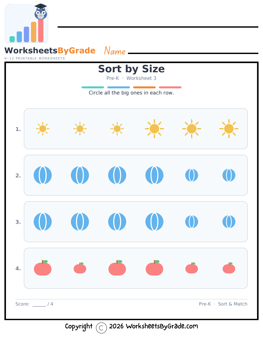 Sort by Size — Pre-K Worksheet 3 preview