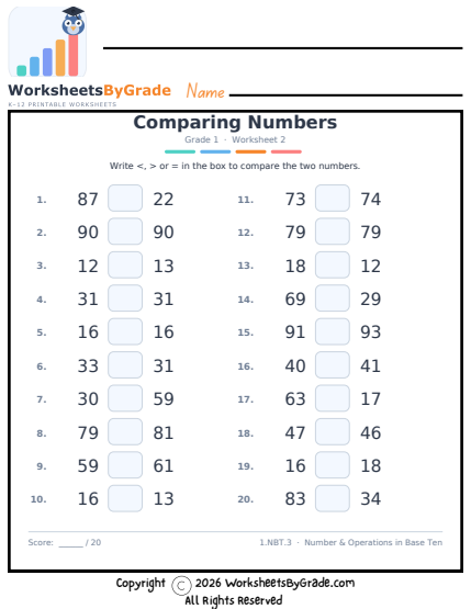Comparing Numbers — Grade 1 Worksheet 2 preview