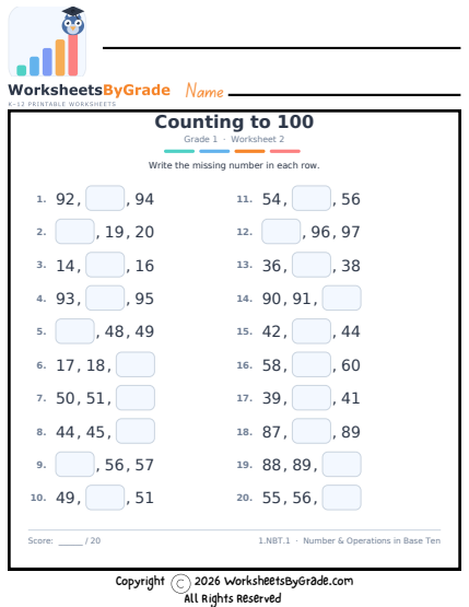 Counting to 100 — Grade 1 Worksheet 2 preview