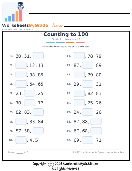 Counting to 100 — Grade 1 Worksheet 3 preview
