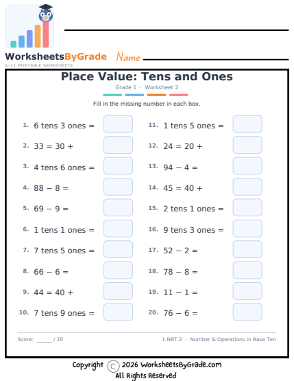 Place Value: Tens and Ones — Grade 1 Worksheet 2 preview
