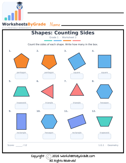 Shapes: Counting Sides — Grade 1 Worksheet 2 preview