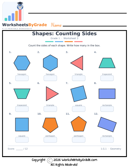 Shapes: Counting Sides — Grade 1 Worksheet 3 preview
