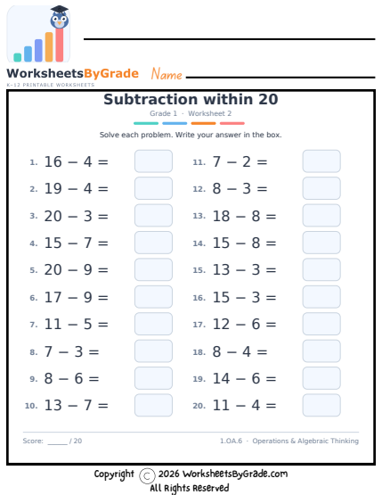 Subtraction within 20 — Grade 1 Worksheet 2 preview