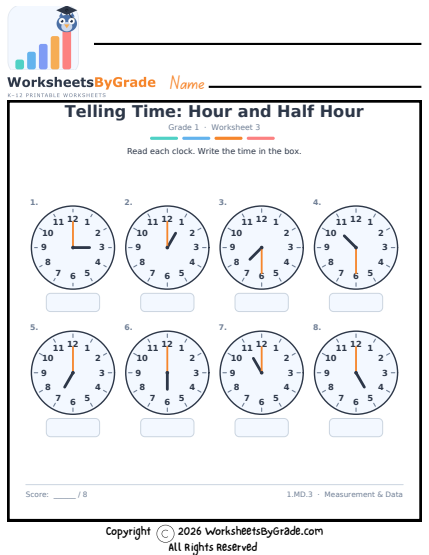 Telling Time: Hour and Half Hour — Grade 1 Worksheet 3 preview