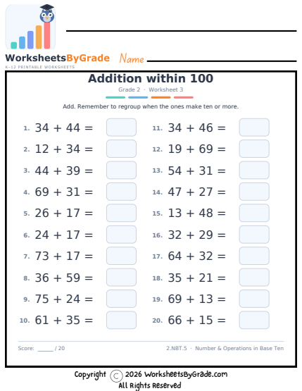 Addition within 100 — Grade 2 Worksheet 3 preview