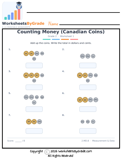 Counting Money (Canadian Coins) — Grade 2 Worksheet 1 preview