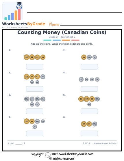 Counting Money (Canadian Coins) — Grade 2 Worksheet 2 preview