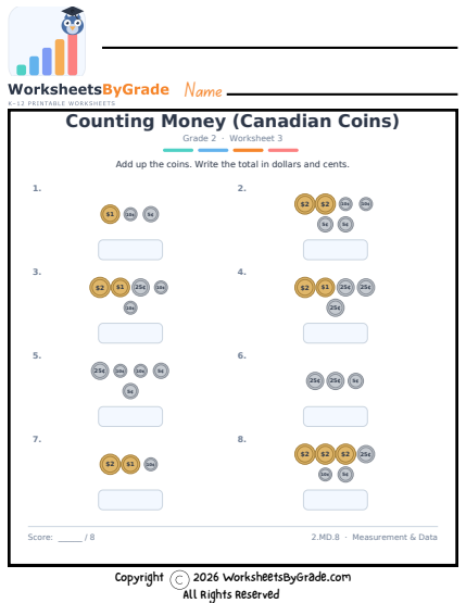 Counting Money (Canadian Coins) — Grade 2 Worksheet 3 preview