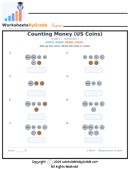 Counting Money (US Coins) — Grade 2 Worksheet 2 preview