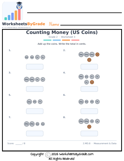 Counting Money (US Coins) — Grade 2 Worksheet 3 preview