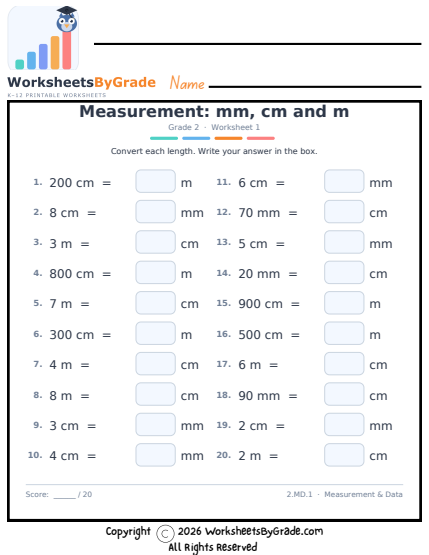 Measurement: mm, cm and m — Grade 2 Worksheet 1 preview