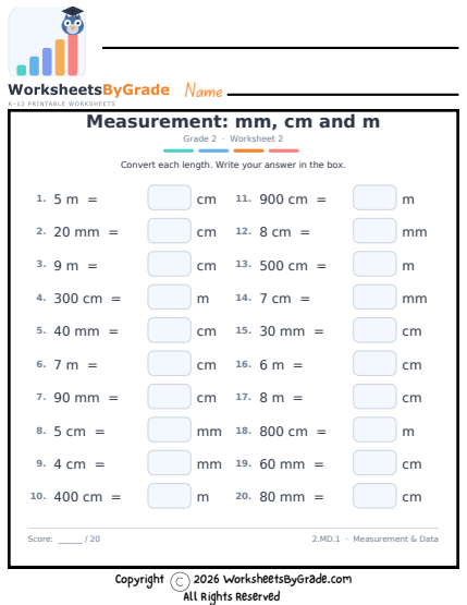 Measurement: mm, cm and m — Grade 2 Worksheet 2 preview