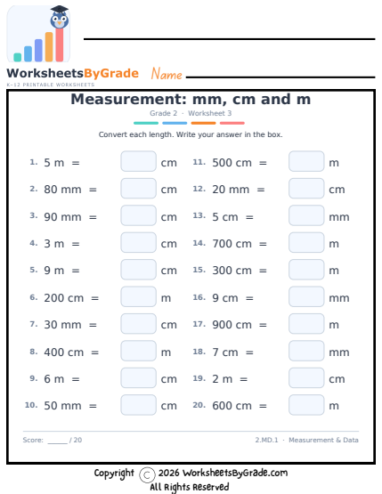 Measurement: mm, cm and m — Grade 2 Worksheet 3 preview