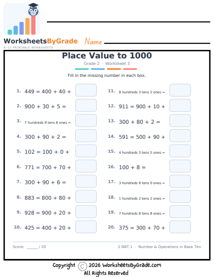 Place Value to 1000 — Grade 2 Worksheet 3 preview