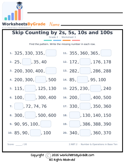 Skip Counting by 2s, 5s, 10s and 100s — Grade 2 Worksheet 3 preview