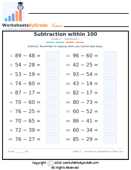 Subtraction within 100 preview