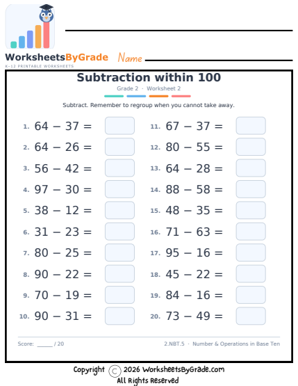 Subtraction within 100 — Grade 2 Worksheet 2 preview