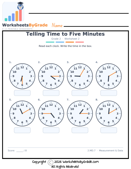 Telling Time to Five Minutes — Grade 2 Worksheet 2 preview