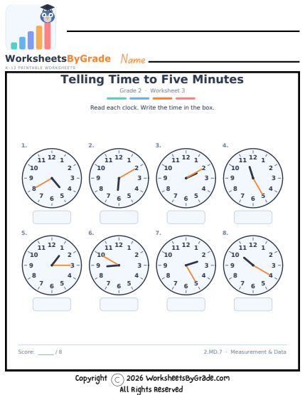 Telling Time to Five Minutes — Grade 2 Worksheet 3 preview